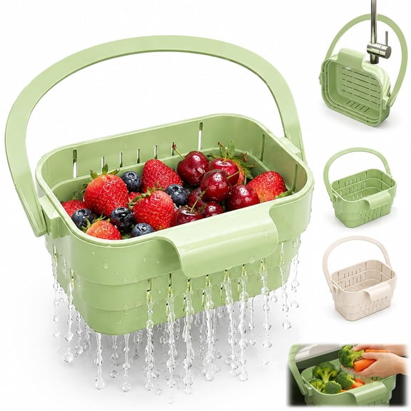 Foldable Hanging Sink Drain Basket Stretchable Kitchen Colander with Flip Cover Space Saving Food Strainer, Multi-functional Faucet Storage Rack Draining for Fruits Vegetables Utensils