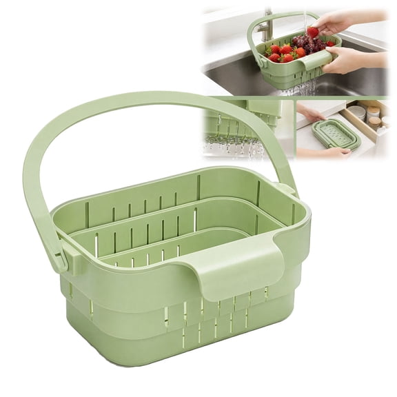 Foldable Hanging Sink Drain Basket, Stretchable Kitchen Colander with Flip Cover, Space Saving Food Strainer, Faucet Storage Rack(Green)