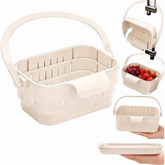 Foldable Hanging Sink Drain Basket, Upgraded Foldable Kitchen Sink Strainer, Stretchable Kitchen Colander for Kitchen Space Saving Storage Drying Fruit Vegetables (White)