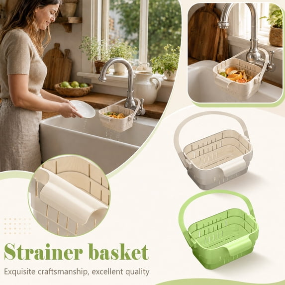 Foldable Hanging Sink Drainses Basket – 2Pcs (Beige + Green) Expandable Colander with Flip Cover, Space-Saving Kitchen Strainer for Fruit, Vegetables, Pasta – Multi-functional Faucet Storage Rack