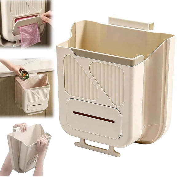 Foldable Hanging Trash Can, Collapsible Kitchen Cabinet Bin with Hook for RV & Home Use