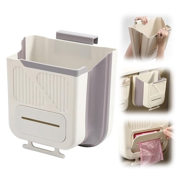 Foldable Hanging Trash Can for Kitchen Cabinet Door, Collapsible Small Garbage Can for Bathroom Bedroom RV, White Plastic Silicone Waste Bin with Garbage Bag Holder, Space Saving Waste Basket