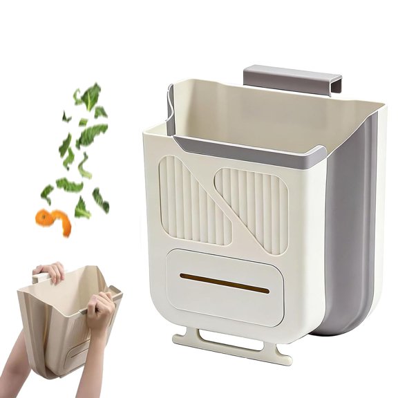 Foldable Hanging Trash Can for Kitchen Cabinet, Kitchen Trash Can with Space-Saving Design, Compact Waste Bin Versatile Kitchen Bins, Collapsible Garbage Can with Trash Bag Compartment.