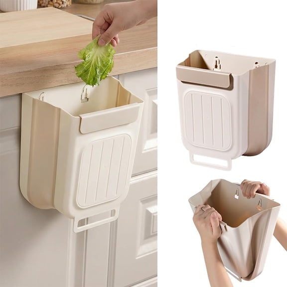 Foldable Hanging Trash Can for Kitchen Cabinet Door, Space-Saving Plastic Waste Bin, Collapsible Garbage Can for Bathroom & Bedroom, 6L, (White)