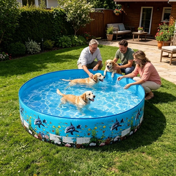 Foldable Hard Plastic Kiddie Pool, Round Oceans Print, 6010 Inch, Portable Outdoor Water Play Pool for Adults, Safe Pet Bath Tub, Compact Storage