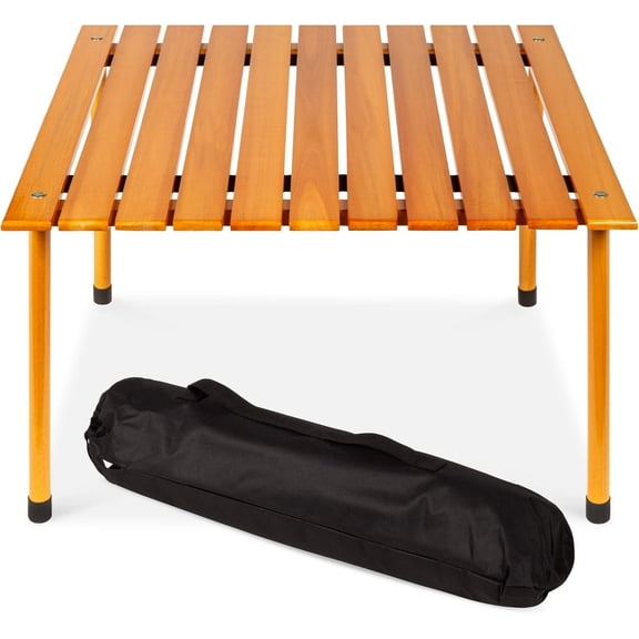 Foldable Hardwood Camping Table, Portable Square Wooden Picnic Table with Carry Bag for Outdoor, Beach, Backyard