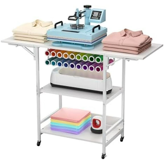 Foldable Heat Press Table - 3 Tier Heat Press Stand with 18 Vinyl Roll Rack & Lockable Wheels, Heat Press Cart Compatible with Heat Press & Sublimation Printers$$
