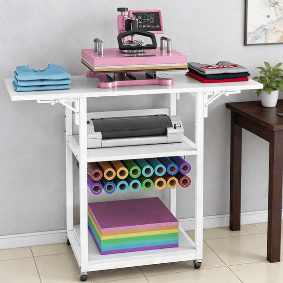 Rolling Craft Work Table with Foldable Shelves, 3-Level Storage Stand ...