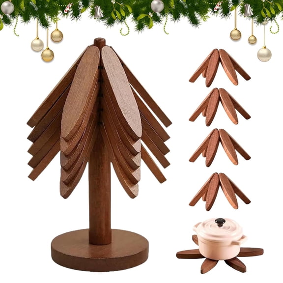 Keai Wooden Trivet Set with 5 Solid Wood Heat Resistant Mats and Stand, Tree Shaped Waterproof Non Slip Kitchen Table Protector for Hot Pots Pans
