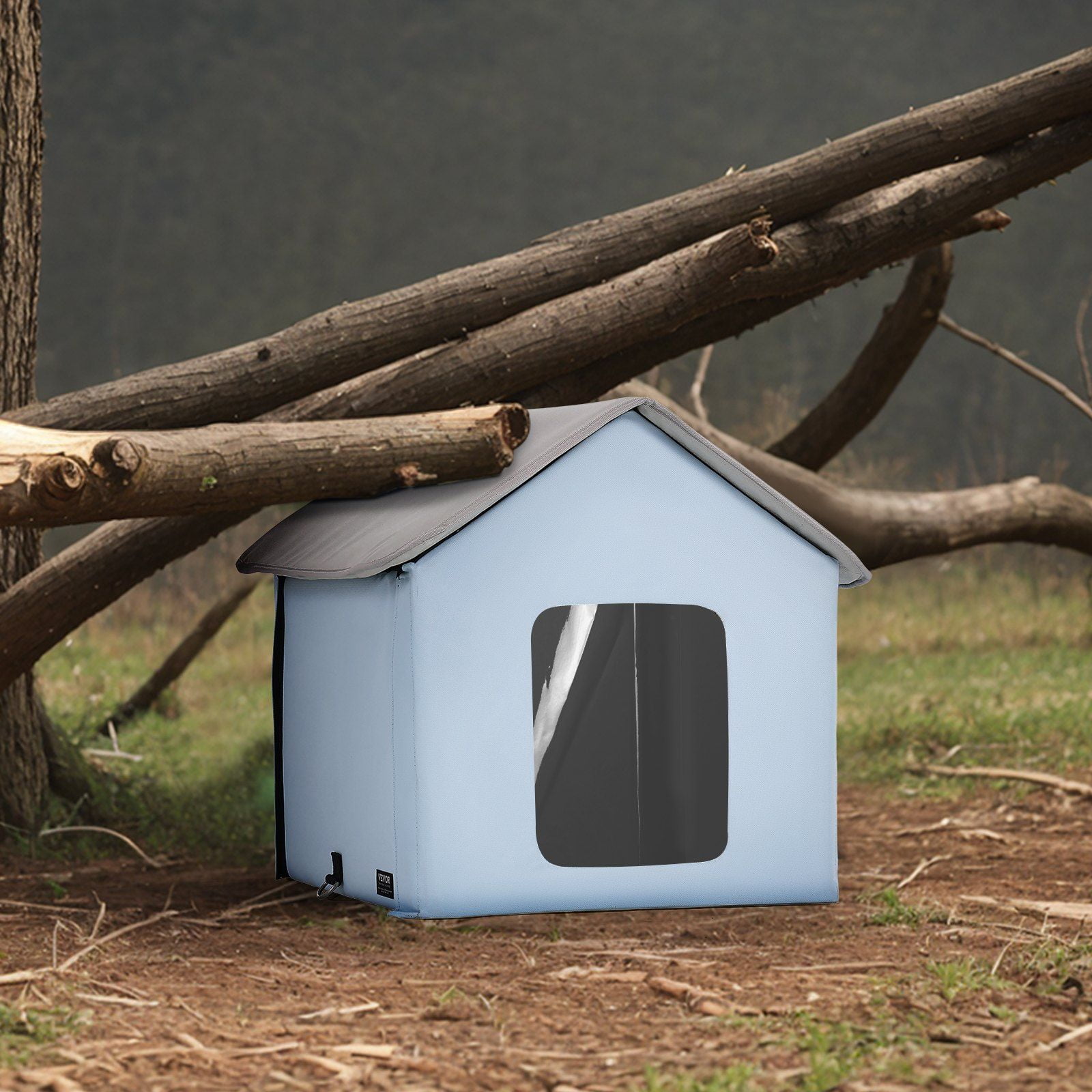 Foldable Heated Cat House with Removable Warming Pad, Insulated Outdoor Kitty Shelter for Winter, Water-Resistant Blue Small Pet Bed