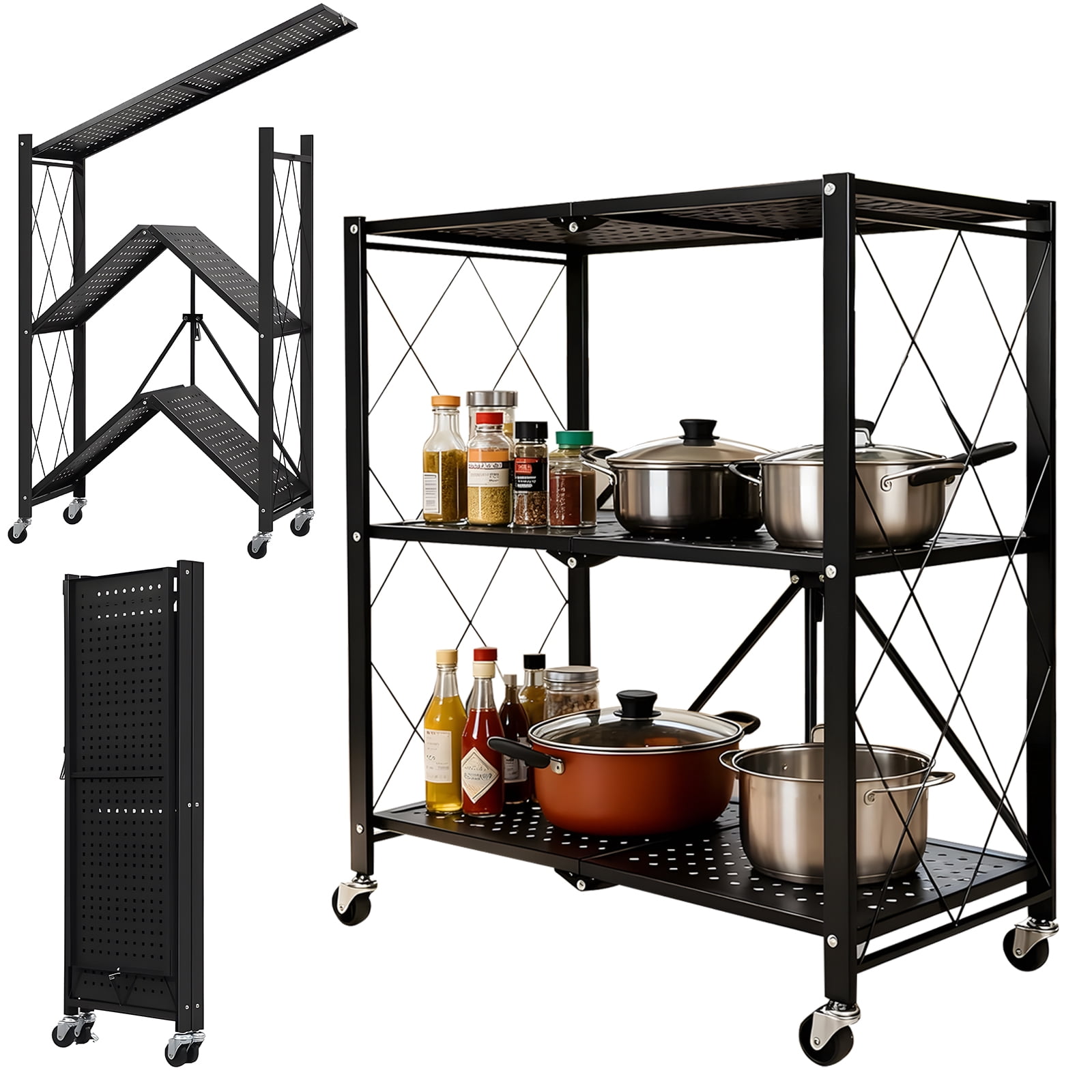 Foldable Heavy-Duty Metal Rolling Storage Shelf, 3/4/5-Tier Collapsible ...