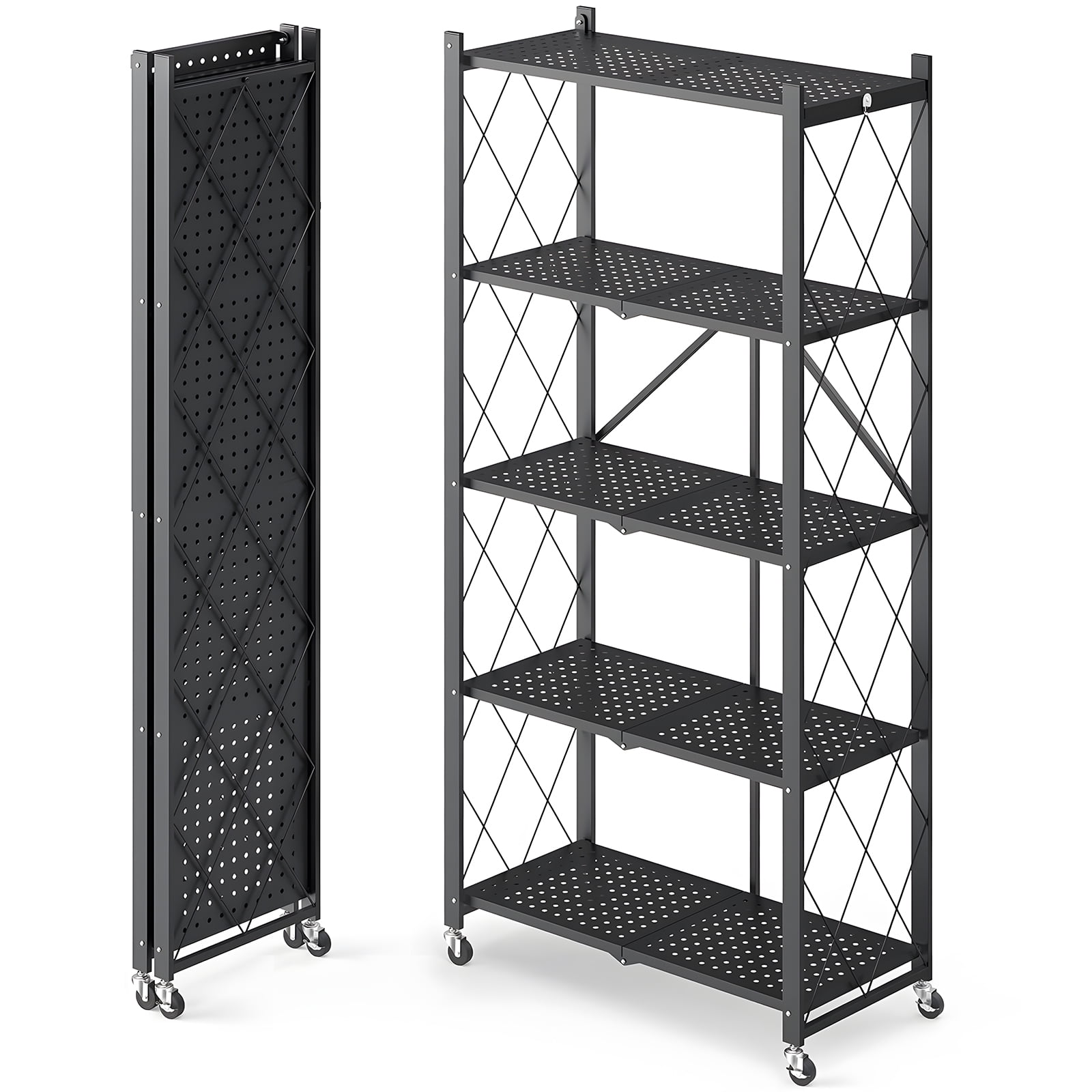 Foldable Heavy-Duty Metal Rolling Storage Shelf, 3/4/5-Tier Collapsible ...