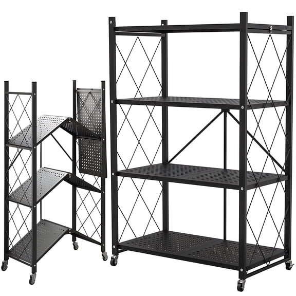 Foldable Heavy-Duty Metal Rolling Storage Shelf, 3/4/5-Tier Collapsible Shelving Unit with Lockable Wheels, Mobile Organizer for Kitchen, Pantry, Closet, Garage & Office