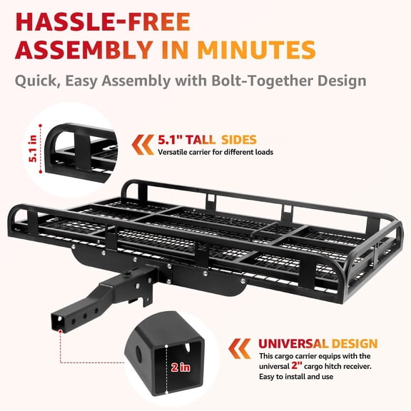Foldable Hitch Cargo Basket, 500 lbs Sturdy Fold-Down Trailer Frame W/Loading Ramp, Safety Reflectors & Tall Side Guards, Anti-Wobble Hardware, 50in x 28.3in Hitch Mount Hauler, Black Rustproof Alloy