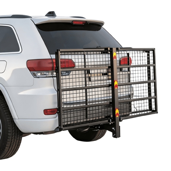 Foldable Hitch Mount Cargo Carrier,600 lbs Capacity Steel Cargo Rack with 2" Receiver & Stabilizer,Fold-Down Trailer Frame for Truck SUV Wheelchair Scooter