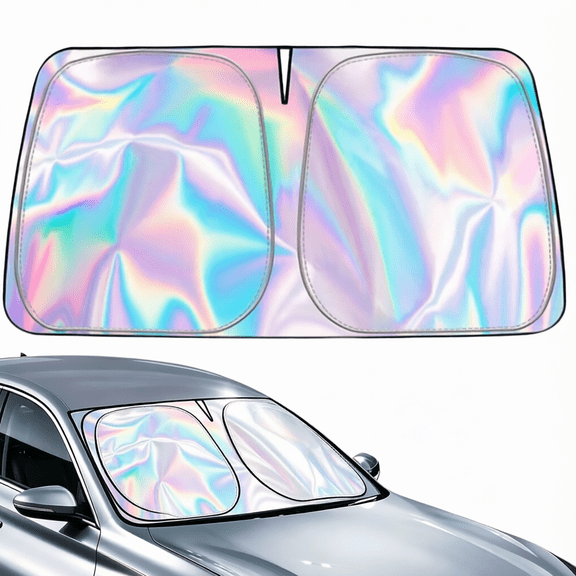 Foldable Holographic Rainbow Car Windshield Sun Shade Iridescent Reflective UV Heat Blocking Sun Visor Cover Universal Fit 59 x 31 Inch for Sedan SUV Pickup Truck