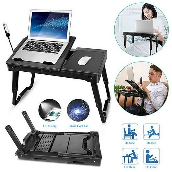 Foldable Home Bed Laptop Table, Adjustable Office Notebook Desk w/Cooling Fan USB Port