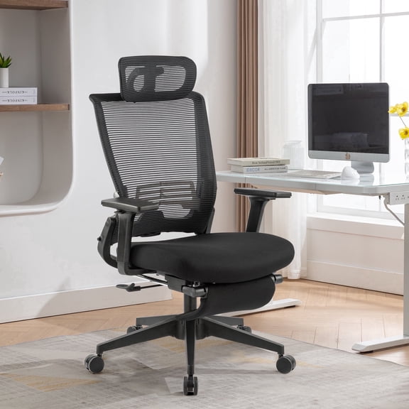 Foldable Home Office Chair with 2D Headrest, Ergonomic High-back Mesh Chair with Adjustable Armrests & Lumbar Support, reclining Computer Desk Chair with Footrest, Space-Saving for Home, Office, Work