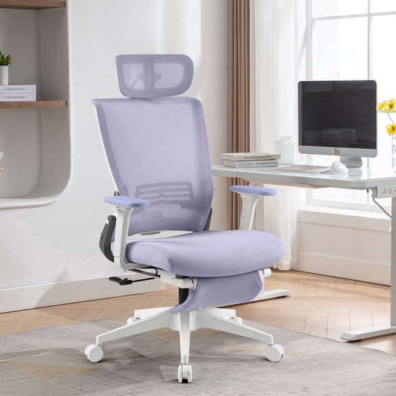 Foldable Home Office Chair with 2D Headrest, Ergonomic High-back Mesh Chair with Adjustable Armrests & Lumbar Support, reclining Computer Desk Chair with Footrest, Space-Saving for Home, Office, Work