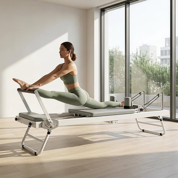 Foldable Home Pilates Reformer with 5 Silent Resistance Springs, 440 LBS Compact Machine with Built-in Wheels for Posture Correction & Low Impact Cardio Exercise