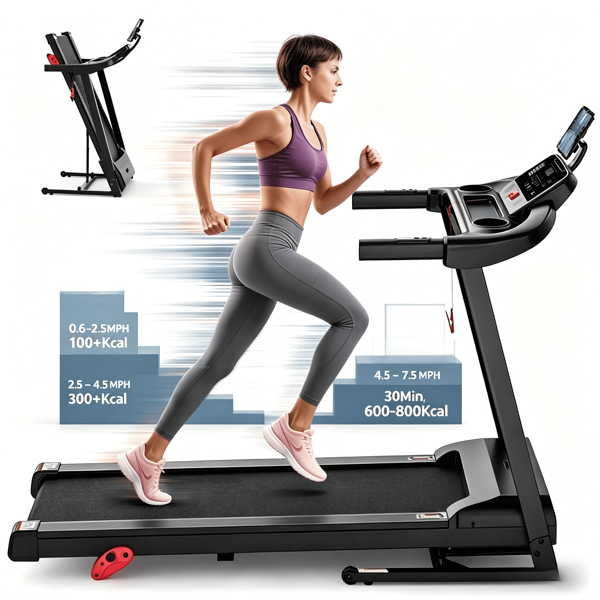Foldable Home Treadmill, 0.6–7.5 MPH Running Walking Pad with 9% Incline, 3.0HP Brushless Motor, Bluetooth Speaker & App Connected, 300 LB Capacity, LCD Display, 6 Workout Modes & 12 HIIT Programs