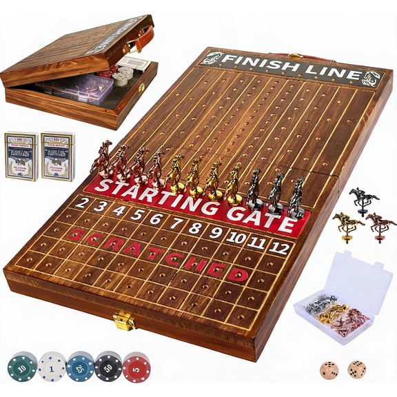 Foldable Horse Race Board Game (21 Inches) for 211 Players Solid Wood Board with 11 Metal Horses 2 Dice and 2 Card Decks Flame Color