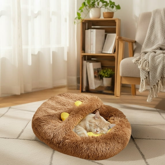 Foldable Indoor Dog and Cat House with Soft Cushion, Enclosed Warm Kennel Bed for Small to Medium Pets, Cozy Winter Puppy Cave, 19.7x15.7in, Gray/White/Khaki