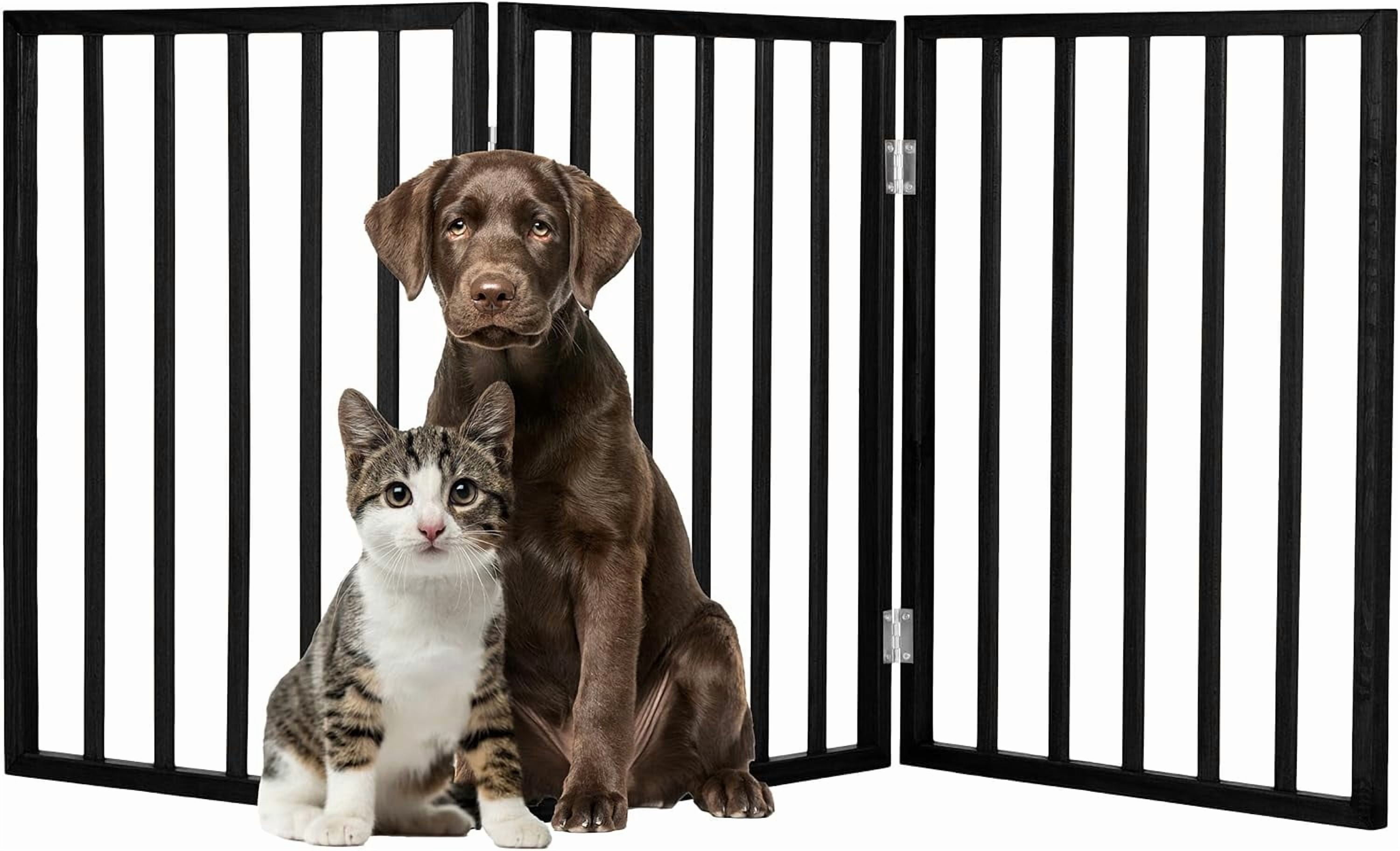 Foldable Indoor Dog Gate with 4 Panels for Stairs, Hallways, or Doorways - 72x24-Inch Retractable Wood Freestanding Pet Barrier (Gray)