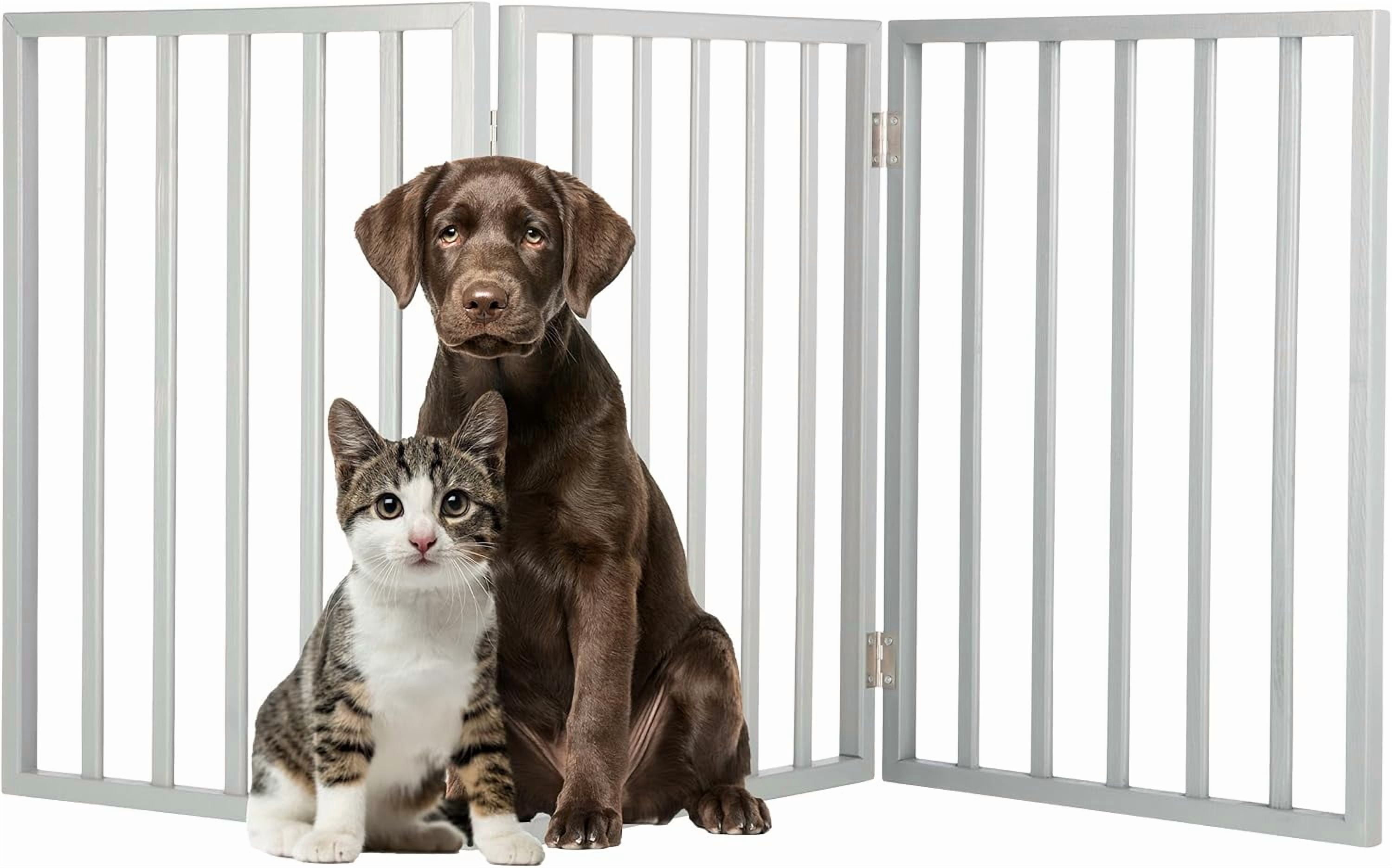 Foldable Indoor Dog Gate with 4 Panels for Stairs, Hallways, or Doorways - 72x24-Inch Retractable Wood Freestanding Pet Barrier (Gray)