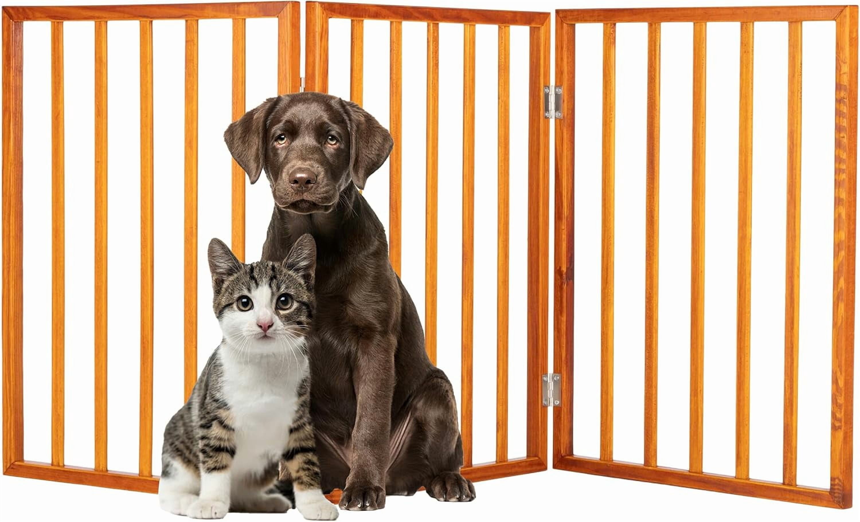 Foldable Indoor Dog Gate with 4 Panels for Stairs, Hallways, or Doorways - 72x24-Inch Retractable Wood Freestanding Pet Barrier (Gray)