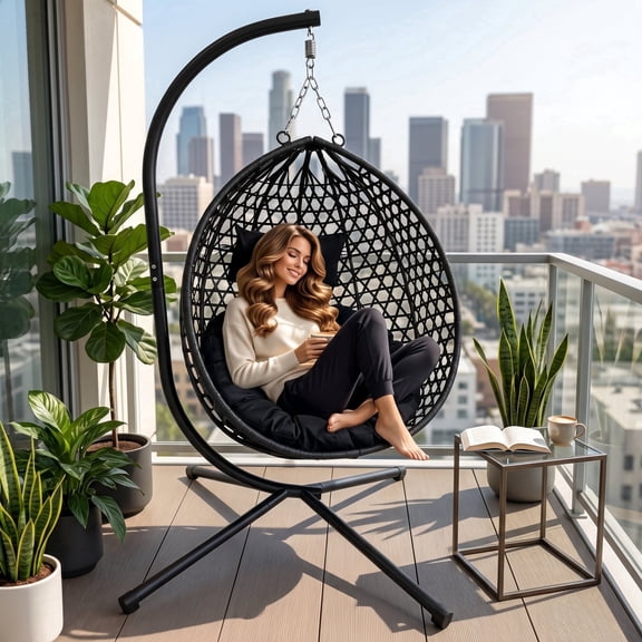 Foldable Indoor/Outdoor Wicker Swing Egg Chair, Hammock Hanging Chair Nest Basket with Stand, UV Resistant Cushions, 350LB Capacity for Bedroom, Balcony, Garden & Poolside, Black