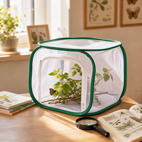 Foldable Insect Breeding Cage Breathable Mesh Habitat for Butterfly Observation Green Border 12x12x12 Inches