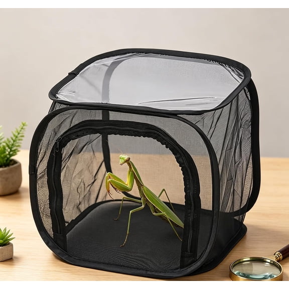 Foldable Insect Habitat Cage, Portable Ventilated Mesh Observation & Breeding Cage for Outdoor Nature Exploration, for Butterfly, Praying Mantis, Grasshopper (Black)