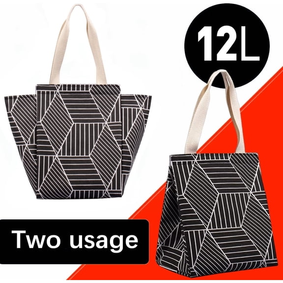 Foldable Insulated Lunch Bag for Adults Women, 9L Wide Opening Cooler with Pockets, Material for Office Travel Picnic, Black Rhombus