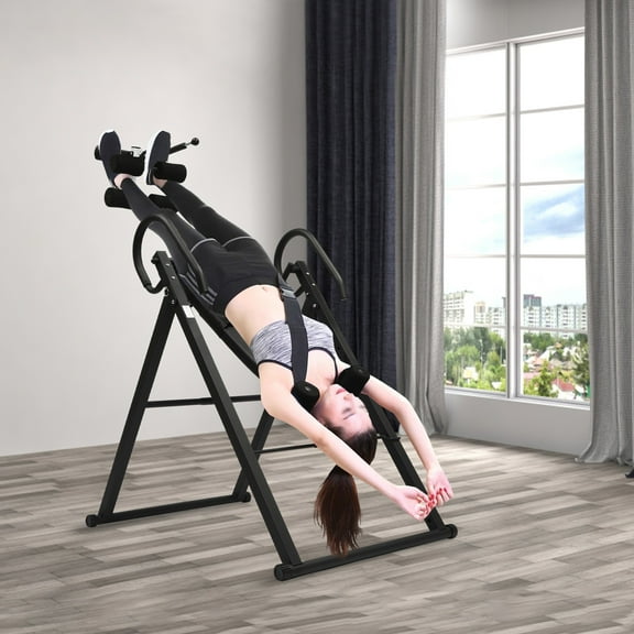 Foldable Inversion Table for Back Pain Relief, 330 lbs Capacity Teeter Style Gravity Table with 4 Angle Settings  Adjustable Height 51.6-61, Auto Foot Lock, Safety Belt & Pads  Home Fitness