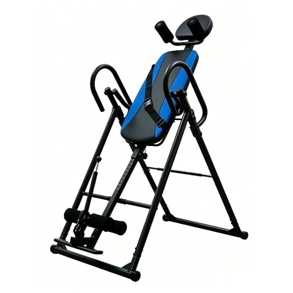 Foldable Inversion Table for Back Pain Relief, Heavy Duty Steel Frame, Adjustable Safety Belt, 6-Position Incline, Blue Cushion, Fits 130-195cm Users, Blue