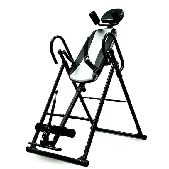 Foldable Inversion Table for Back Pain Relief, Heavy Duty Steel Frame, Adjustable Safety Belt, 6-Position Incline, Blue Cushion, Fits 130-195cm Users, Silver