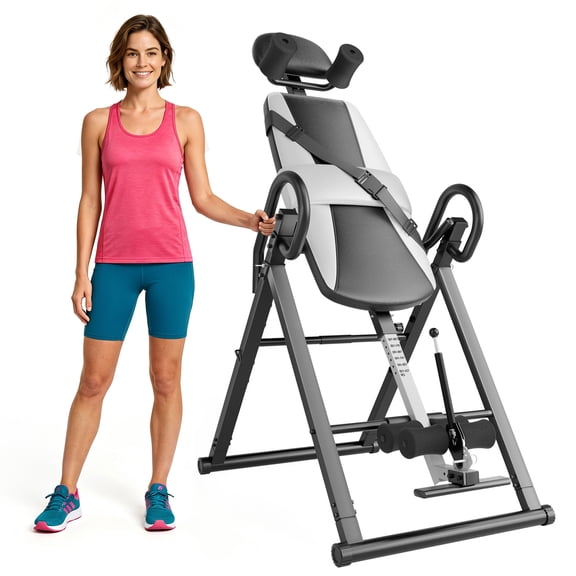 Foldable Inversion Table for Back Pain Relief, Heavy Duty Steel Frame, Adjustable Safety Belt, 6-Position Incline, Blue Cushion, Fits 130-195cm Users, Silver