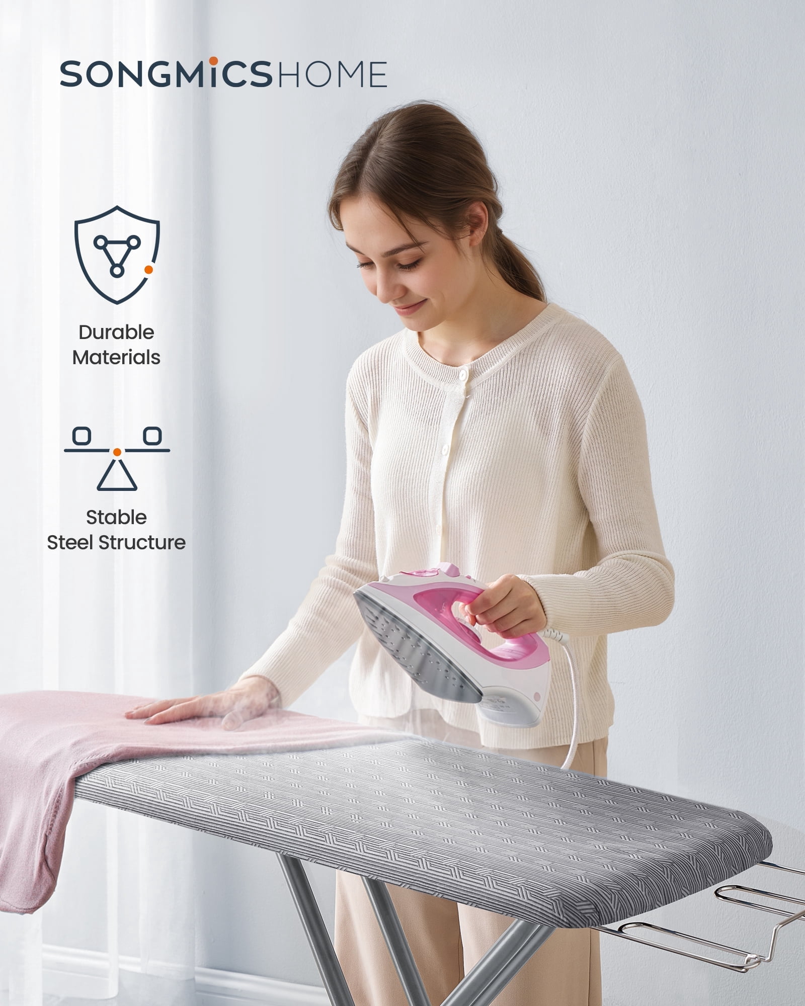Foldable Iron Board with 4 Layered Cover and Pad Height Adjustable up to 35 Inches Iron Rest, Hook Steel X-Legs Dove Gray