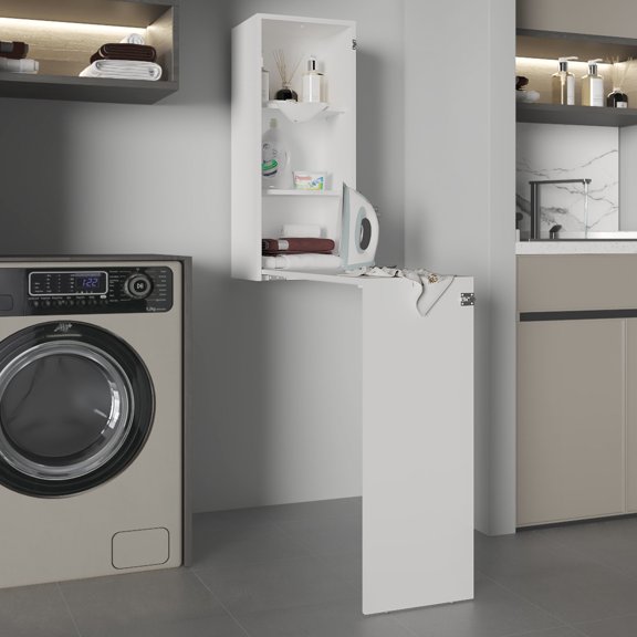 Foldable Iron Cabinet With Table - 42" W, White For Creating Extra Space W Desk And Pull Down Shelves,