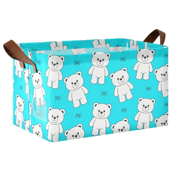 Foldable Iron Frame Open Home Storage Bins 16.9×11.4×10 Inch Waterproof Nice Cube Shelf Baskets Blue Bear