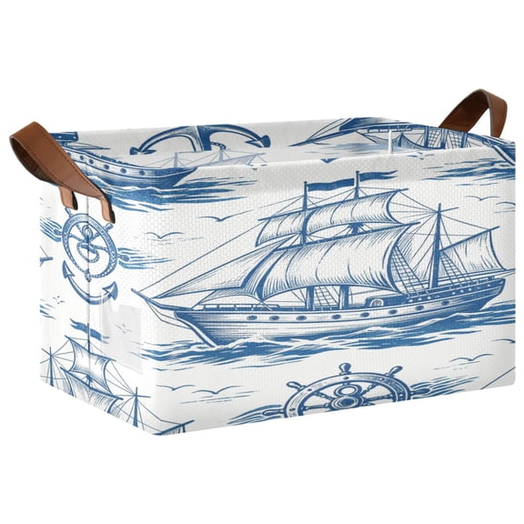 Foldable Iron Frame Open Home Storage Bins 16.9×11.4×10 Inch Waterproof Nice Cube Shelf Baskets Blue Nautical Seamless