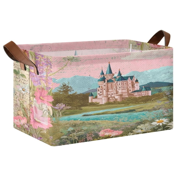 Foldable Iron Frame Open Home Storage Bins 16.9×11.4×10 Inch Waterproof Nice Cube Shelf Baskets Castle Pattern