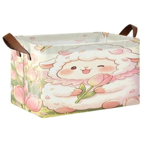 Foldable Iron Frame Open Home Storage Bins 16.9×11.4×10 Inch Waterproof Nice Cube Shelf Baskets Cute Lamb & Tulips