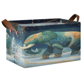 Foldable Iron Frame Open Home Storage Bins 16.9×11.4×10 Inch Waterproof Nice Cube Shelf Baskets Patterned Elephant
