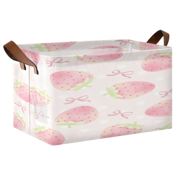 Foldable Iron Frame Open Home Storage Bins 16.9×11.4×10 Inch Waterproof Nice Cube Shelf Baskets Pink-strawberries (2)
