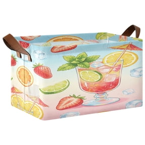 Foldable Iron Frame Open Home Storage Bins 16.9×11.4×10 Inch Waterproof Nice Cube Shelf Baskets Pink-strawberry Drink