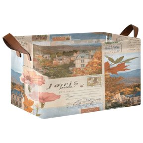 Foldable Iron Frame Open Home Storage Bins 16.9×11.4×10 Inch Waterproof Nice Cube Shelf Baskets Retro Postcard Pattern