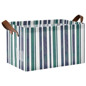 Foldable Iron Frame Open Home Storage Bins 16.9×11.4×10 Inch Waterproof Nice Cube Shelf Baskets Teal Blue Stripe Pattern