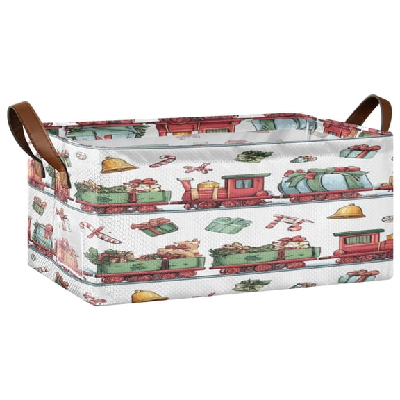 Foldable Iron Frame Storage Basket Open Basket Bins Versatile Organizer for Laundry Bathroom Closet 16.9” x 11.4” x 7.7” Christmas-themed Red Train Pattern